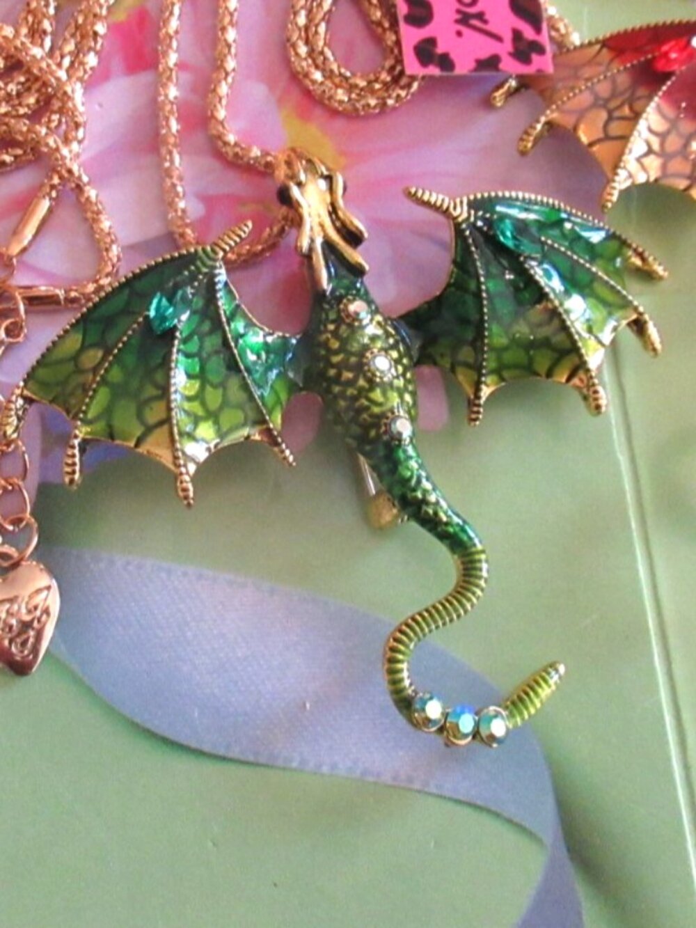 Betsey Johnson Winged Dragon Brooch Necklace lot NWT